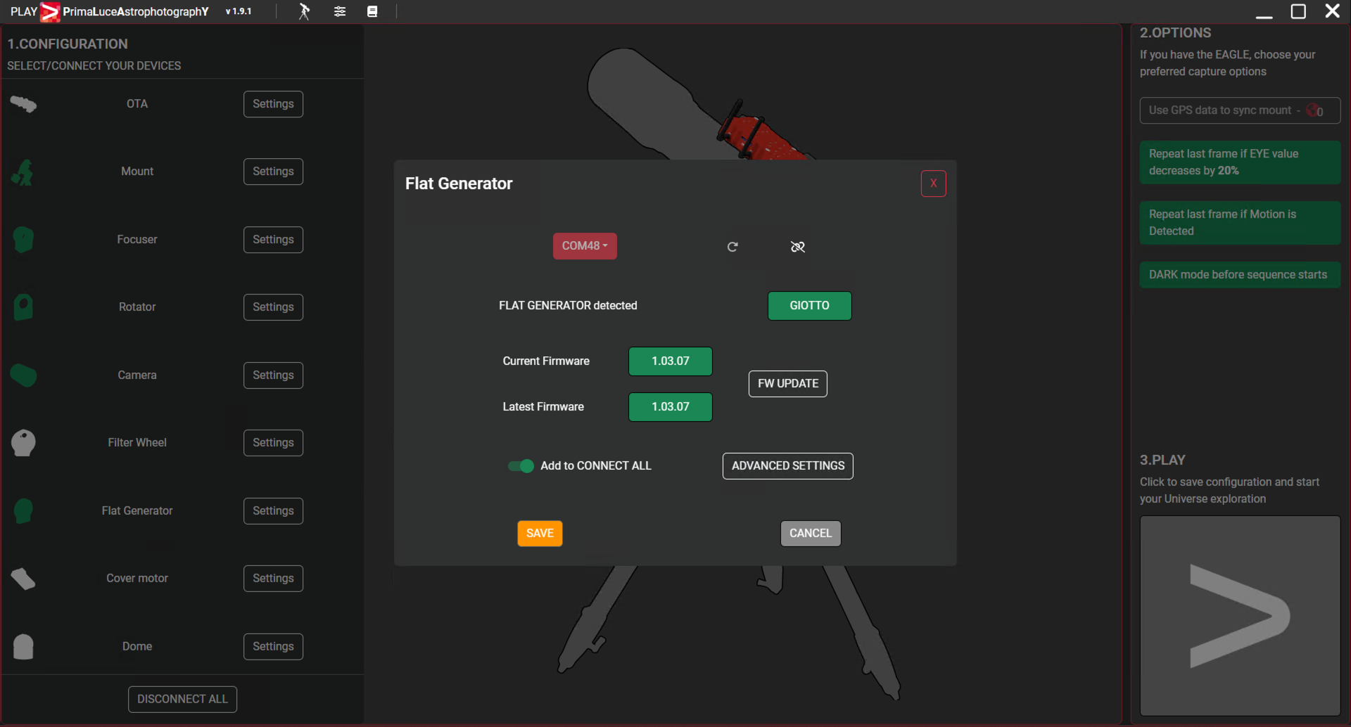 Configure PLAY with telescopes on equatorial mount