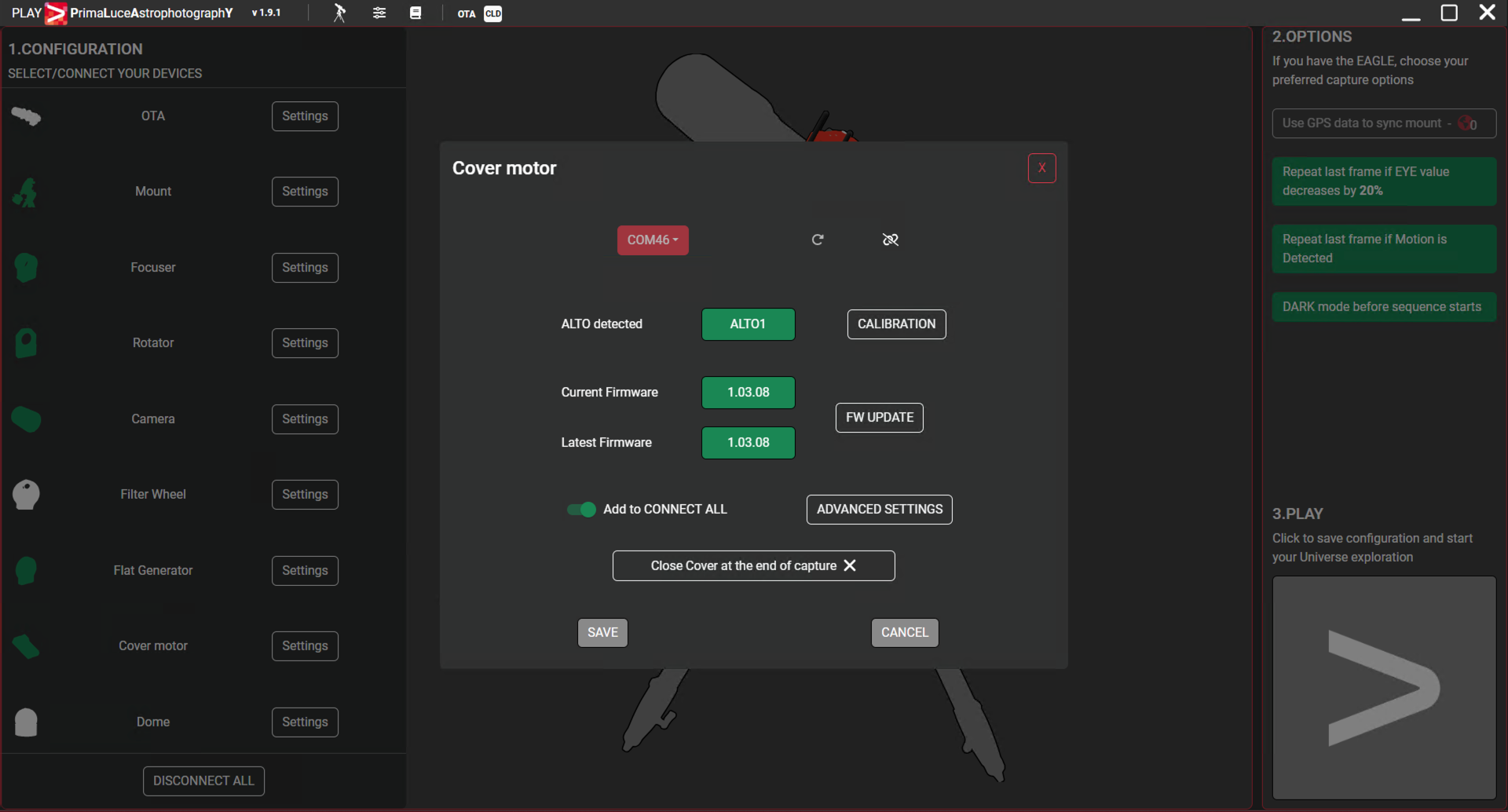 Configure PLAY with telescopes on equatorial mount