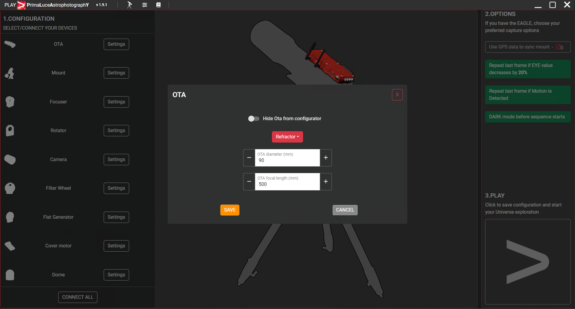 Configure PLAY with telescopes on equatorial mount