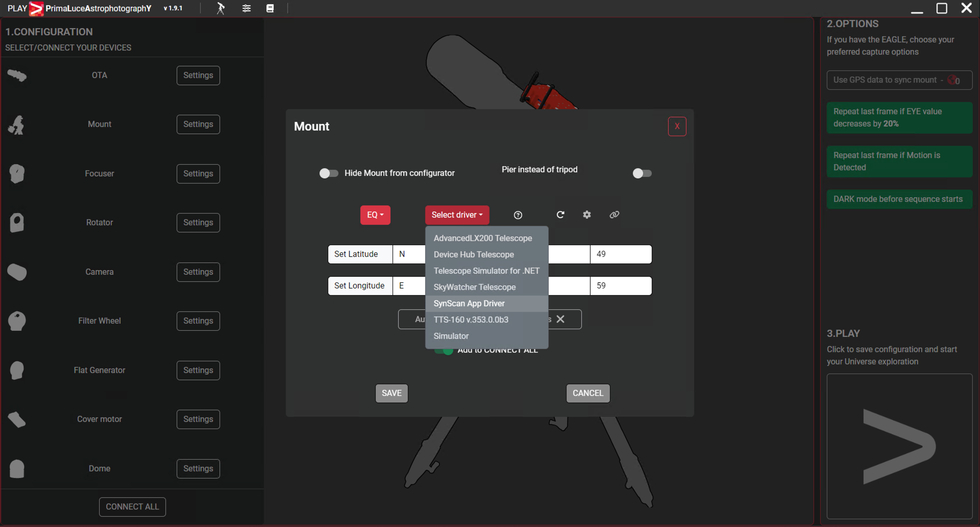 Configure PLAY with telescopes on equatorial mount