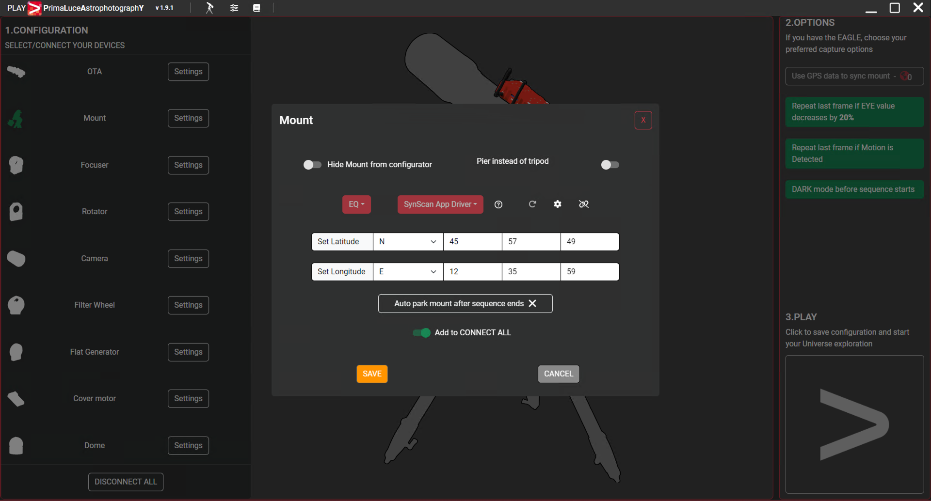 Configure PLAY with telescopes on equatorial mount