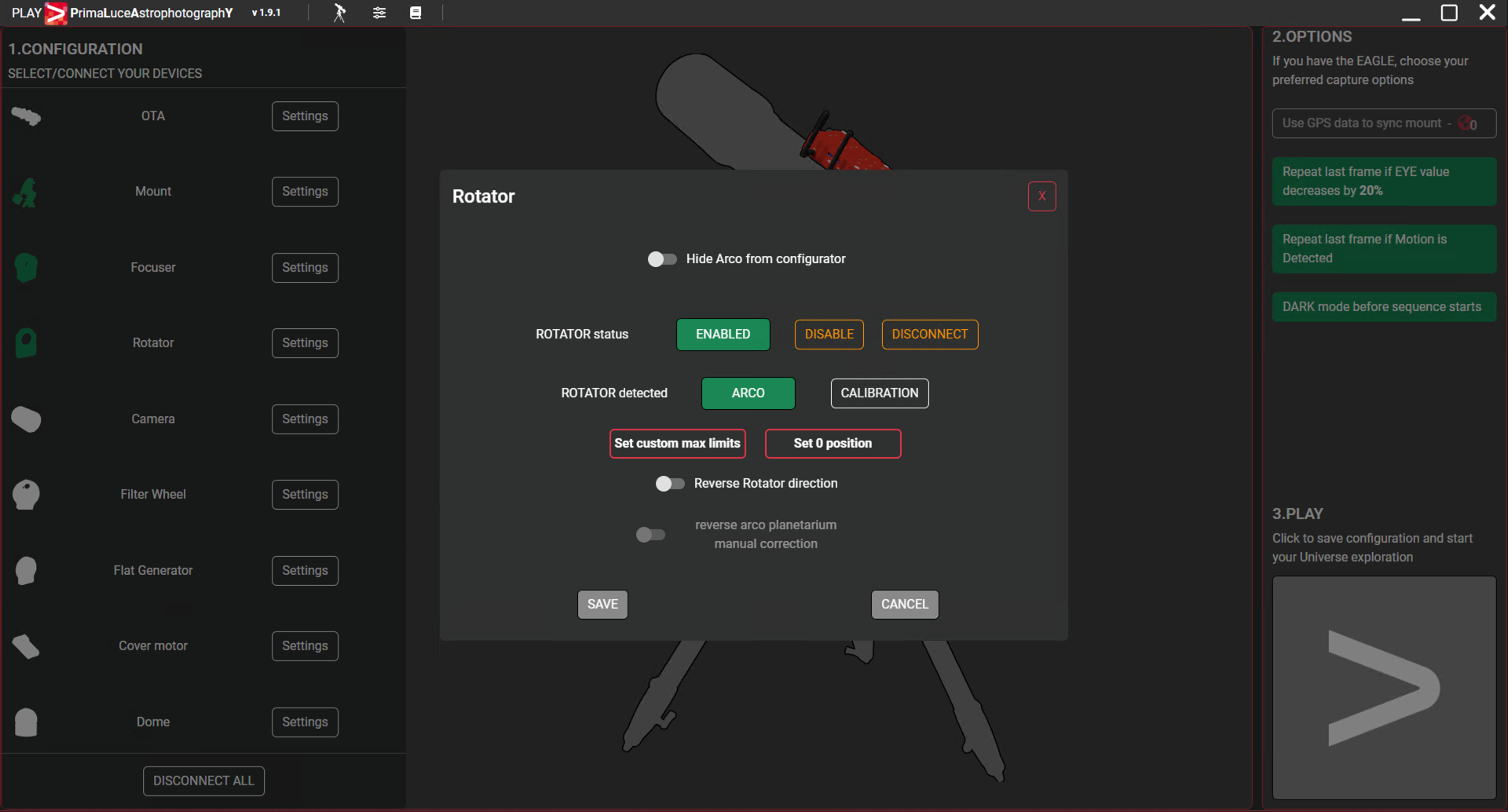 Configure PLAY with telescopes on equatorial mount