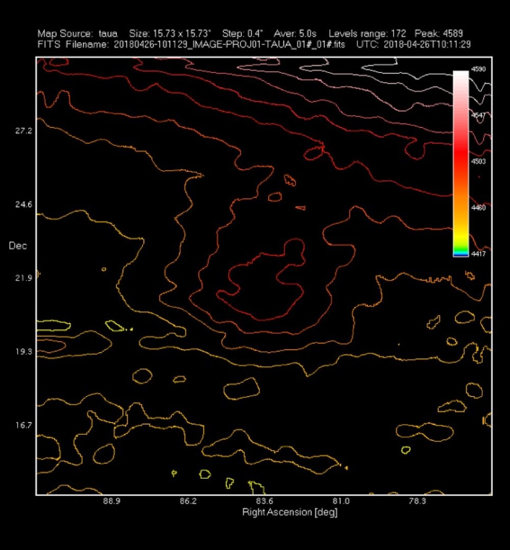 Taurus A recorded with SPIDER 300A radio telescope: curve levels visualization in Taurus A radio map